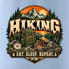 Turistický batoh v horách eat sleep repeat