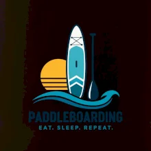 Paddleboard s pádlem při západu slunce eat sleep repeat