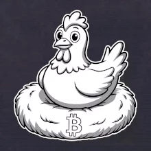 Kuře sedící na bitcoinovém hnízdě