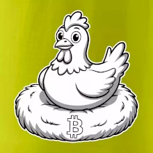Kuře sedící na bitcoinovém hnízdě