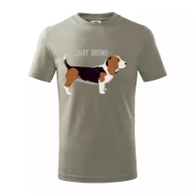 Basset hound pes s nápisem