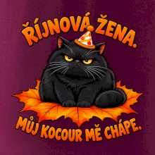 Říjnová žena mrzutý černý kocour na javorovém listu