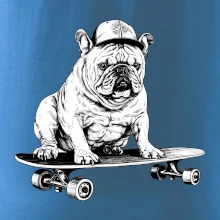 Černobílý buldok na skateboardu