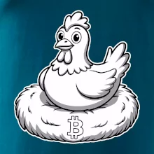 Kuře sedící na bitcoinovém hnízdě