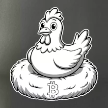 Kuře sedící na bitcoinovém hnízdě