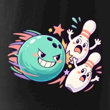 Bowling vtipná koule honí vystrašené kuželky