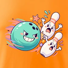 Bowling vtipná koule honí vystrašené kuželky
