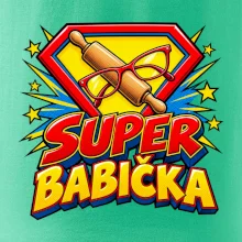 Super babička komiksový znak s válečkem a brýlemi