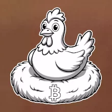Kuře sedící na bitcoinovém hnízdě