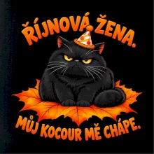 Říjnová žena mrzutý černý kocour na javorovém listu