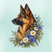 Německý ovčák s květinami - přírodní portrét