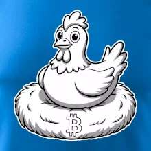 Kuře sedící na bitcoinovém hnízdě