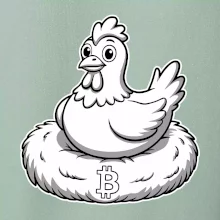 Kuře sedící na bitcoinovém hnízdě