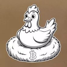 Kuře sedící na bitcoinovém hnízdě