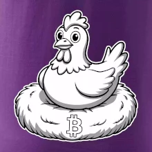 Kuře sedící na bitcoinovém hnízdě