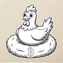 Kuře sedící na bitcoinovém hnízdě