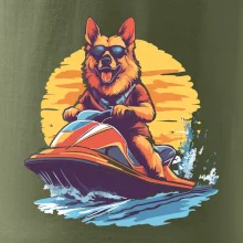 Německý ovčák na vodním skútru