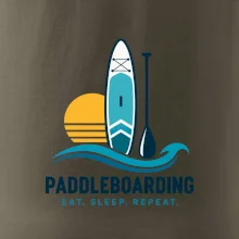 Paddleboard s pádlem při západu slunce eat sleep repeat
