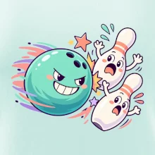 Bowling vtipná koule honí vystrašené kuželky