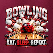 Bowlingová koule a kuželky eat sleep repeat