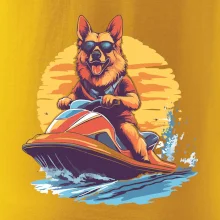 Německý ovčák na vodním skútru