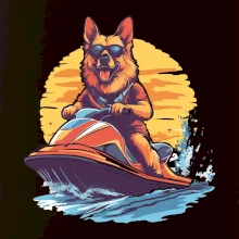 Německý ovčák na vodním skútru