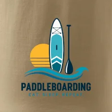 Paddleboard s pádlem při západu slunce eat sleep repeat