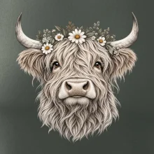 Highlandská kráva s květinami