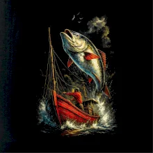 Obrázek červená loď a ryba