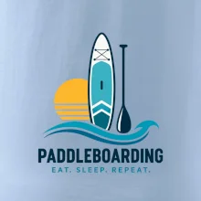 Paddleboard s pádlem při západu slunce eat sleep repeat