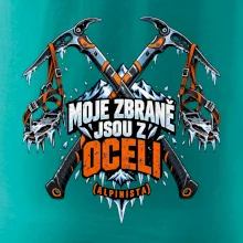 Alpinista se zbraněmi z oceli