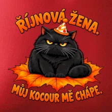 Říjnová žena mrzutý černý kocour na javorovém listu