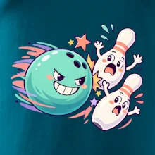 Bowling vtipná koule honí vystrašené kuželky