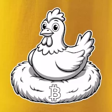 Kuře sedící na bitcoinovém hnízdě
