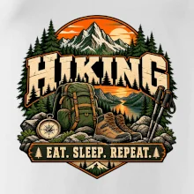 Turistický batoh v horách eat sleep repeat