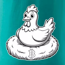 Kuře sedící na bitcoinovém hnízdě