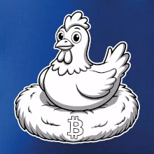 Kuře sedící na bitcoinovém hnízdě