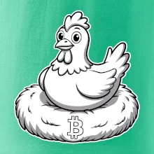 Kuře sedící na bitcoinovém hnízdě
