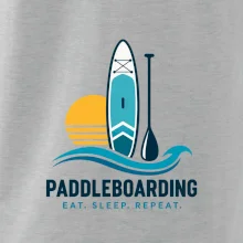 Paddleboard s pádlem při západu slunce eat sleep repeat