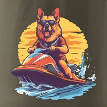 Německý ovčák na vodním skútru