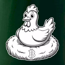 Kuře sedící na bitcoinovém hnízdě