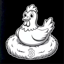 Kuře sedící na bitcoinovém hnízdě