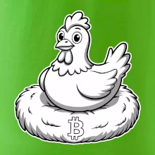 Kuře sedící na bitcoinovém hnízdě