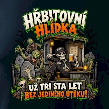 Hřbitovní hlídka kostlivec vrátný s pivem