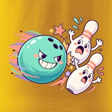 Bowling vtipná koule honí vystrašené kuželky
