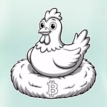 Kuře sedící na bitcoinovém hnízdě