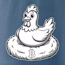 Kuře sedící na bitcoinovém hnízdě