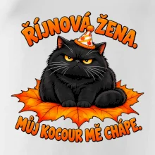 Říjnová žena mrzutý černý kocour na javorovém listu