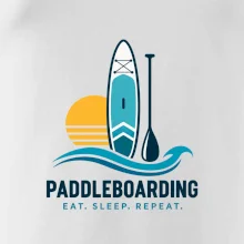Paddleboard s pádlem při západu slunce eat sleep repeat