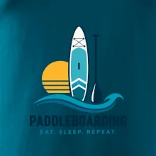 Paddleboard s pádlem při západu slunce eat sleep repeat